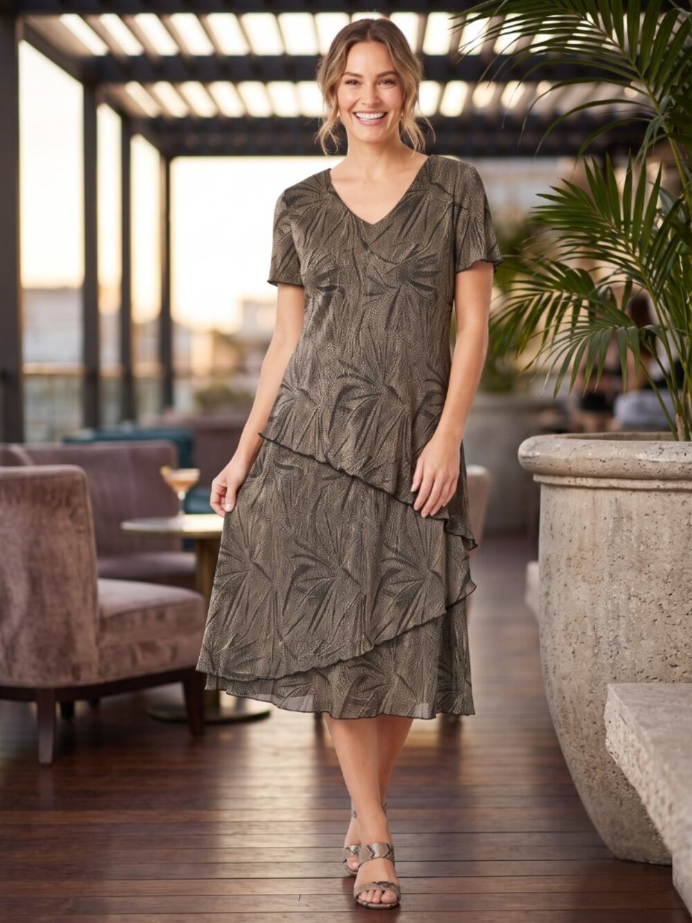 Dressbarn Gold Black Metallic Tiered Ruffle Midi Dress Size 10 Retro Glam